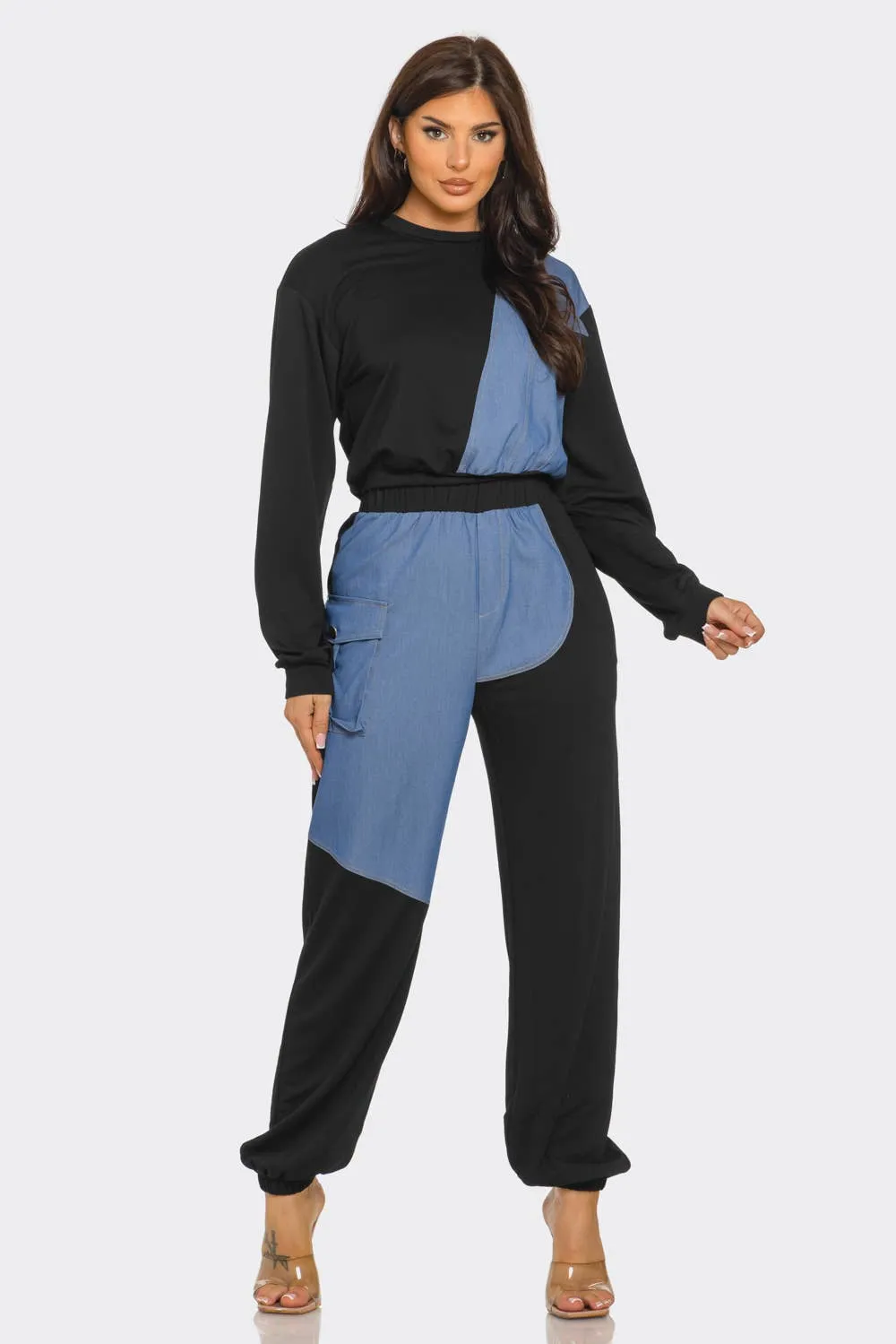 French Terry Color Block Denim Detail Top Pockets Pants Set