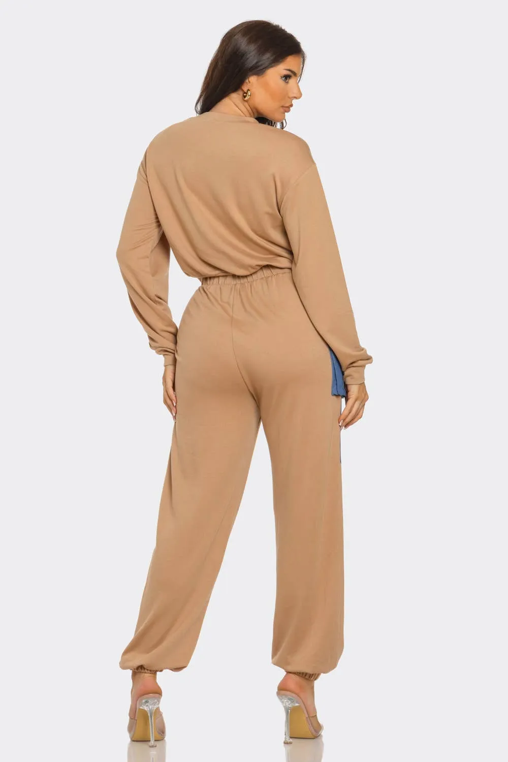 French Terry Color Block Denim Detail Top Pockets Pants Set