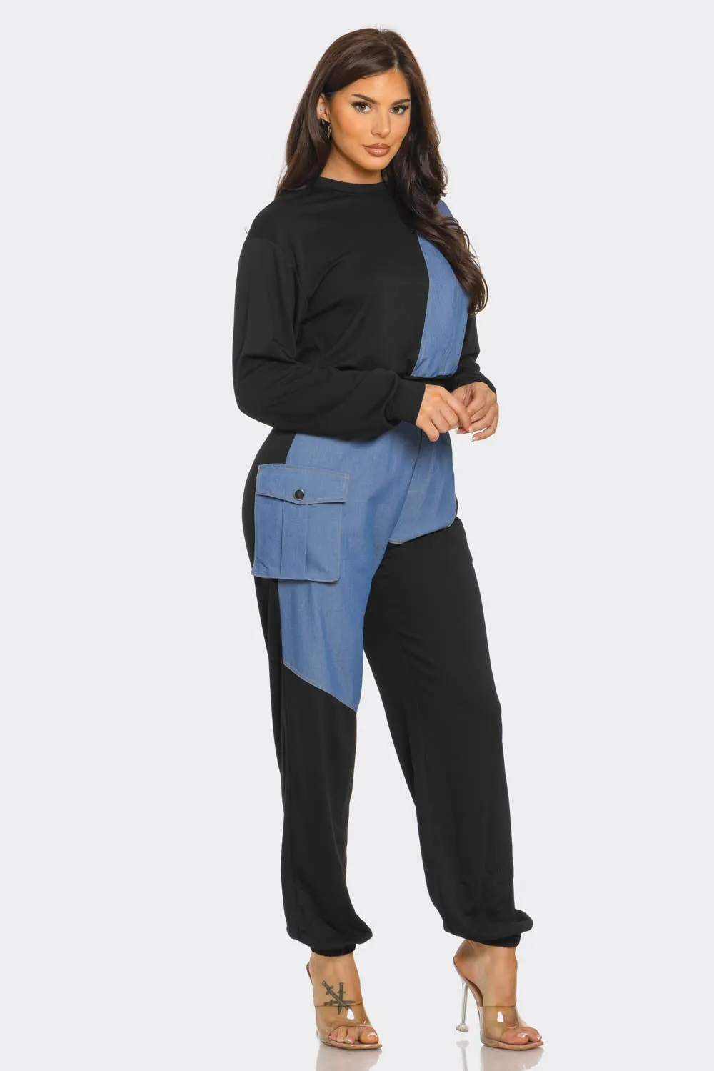 French Terry Color Block Denim Detail Top Pockets Pants Set