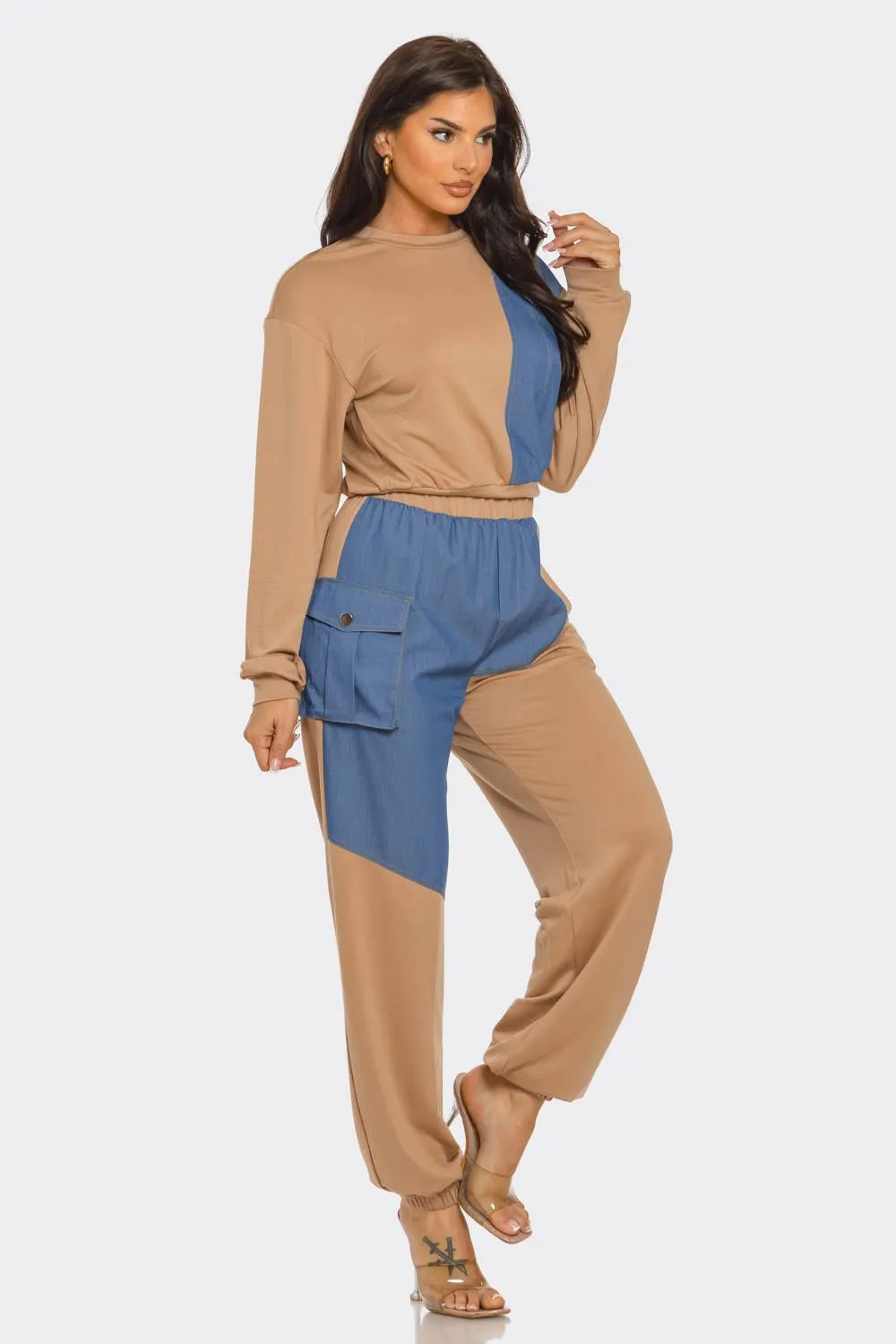 French Terry Color Block Denim Detail Top Pockets Pants Set