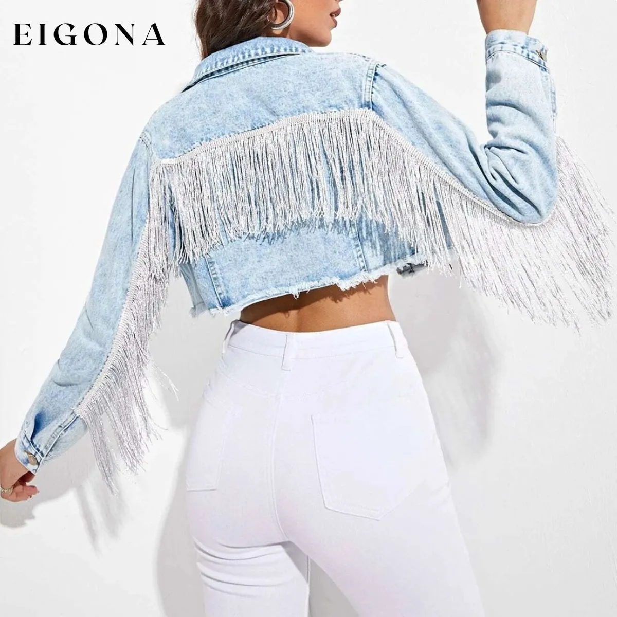 Fringe Detail Long Sleeve Cropped Denim Jacket