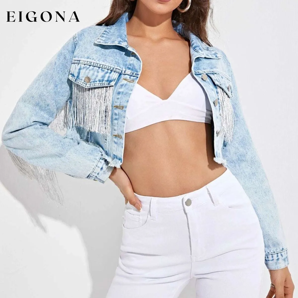 Fringe Detail Long Sleeve Cropped Denim Jacket