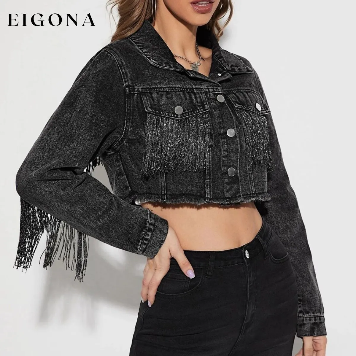 Fringe Detail Long Sleeve Cropped Denim Jacket