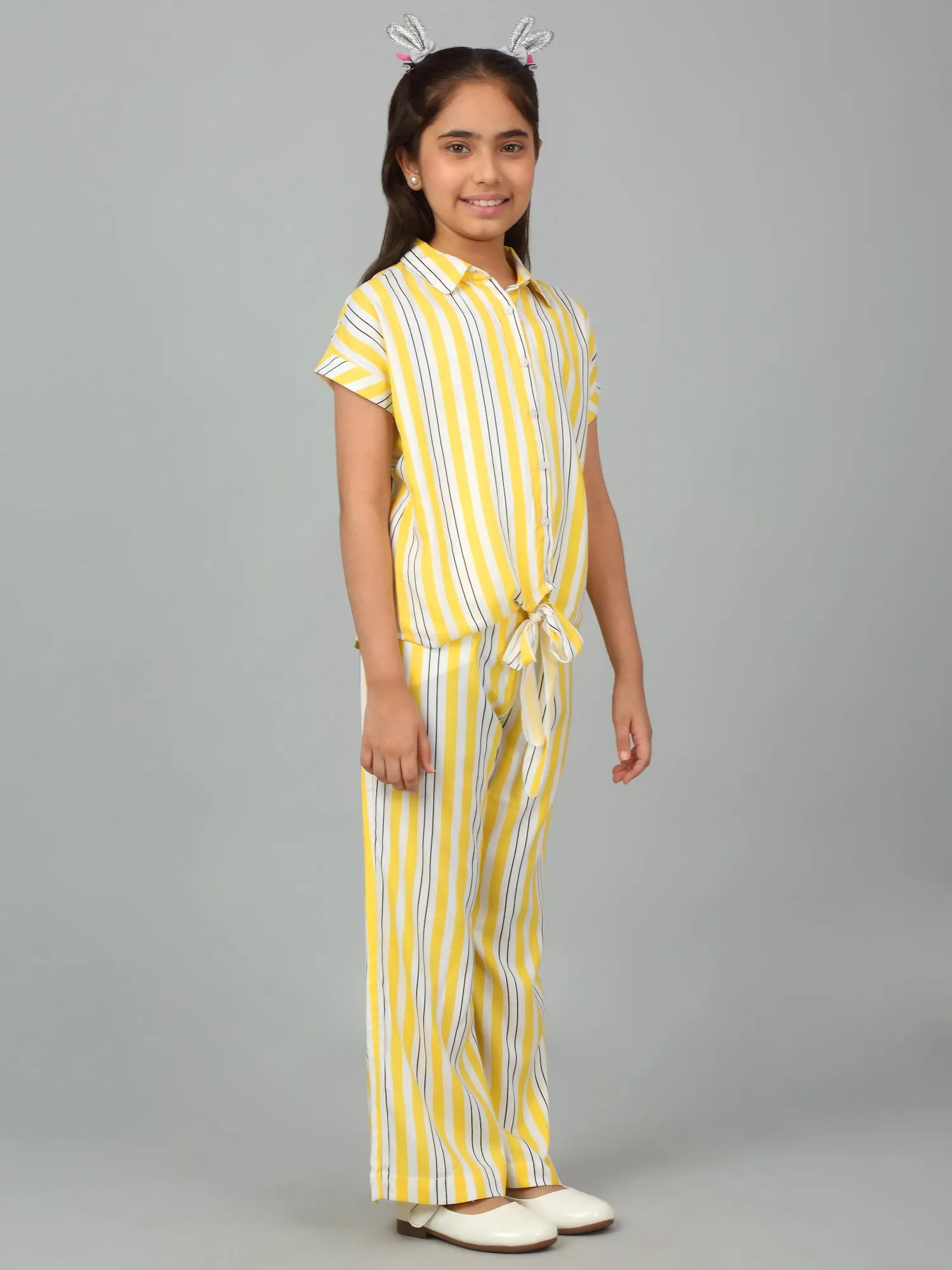 Girls Yellow Striped Casual Co-Ord Set