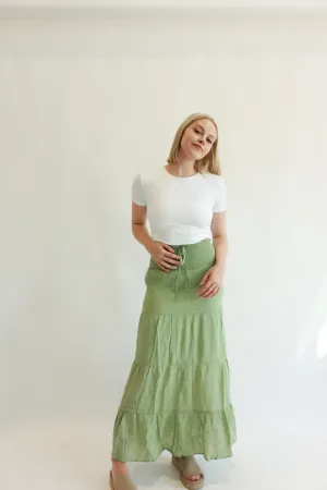Halle Smocked Tiered Double Layer Long Skirt | Moss