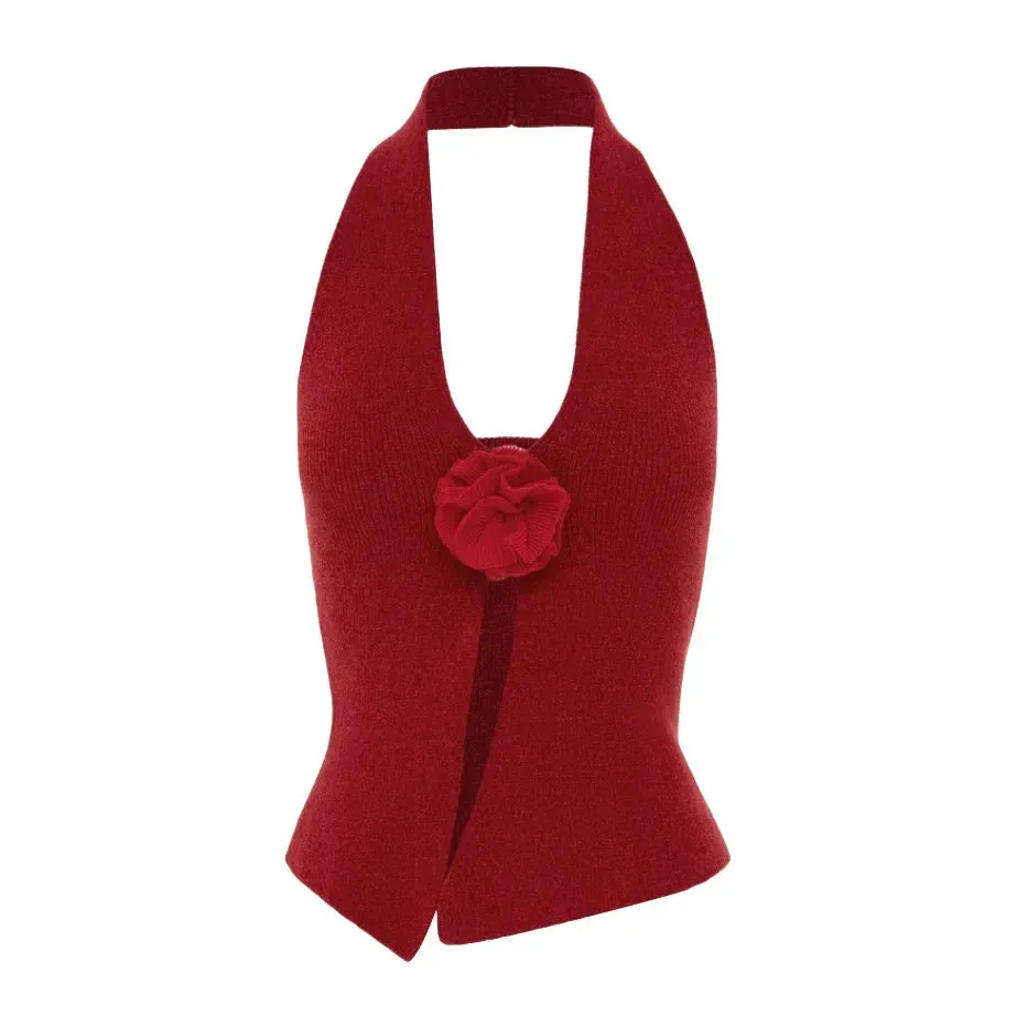 Halter Neck Sleeveless 3D Flower Solid Crop Top