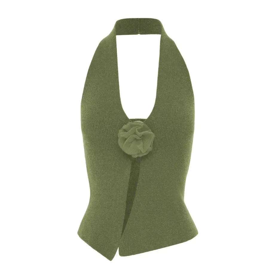 Halter Neck Sleeveless 3D Flower Solid Crop Top