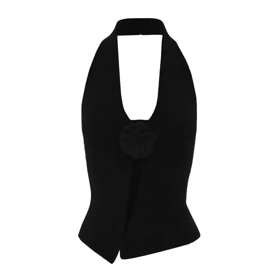 Halter Neck Sleeveless 3D Flower Solid Crop Top