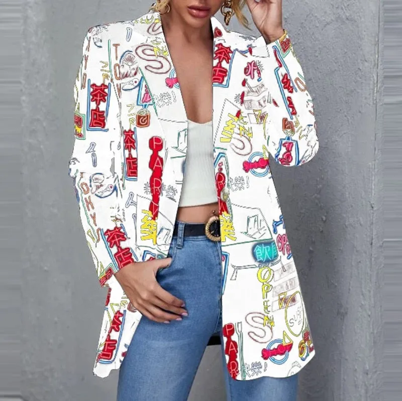 Lapel Print Long Sleeves Suit Jacket