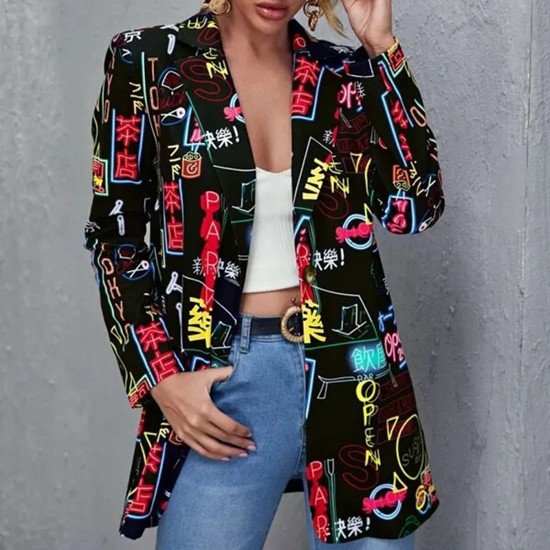 Lapel Print Long Sleeves Suit Jacket
