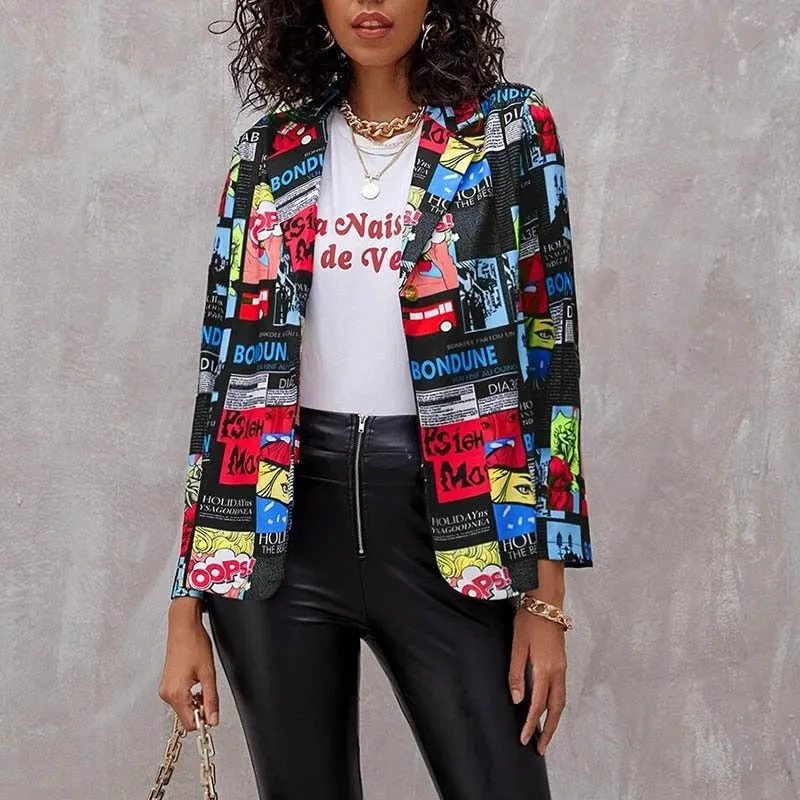 Lapel Print Long Sleeves Suit Jacket
