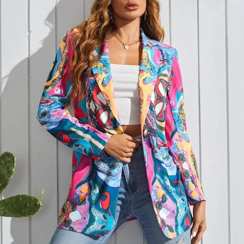 Lapel Print Long Sleeves Suit Jacket