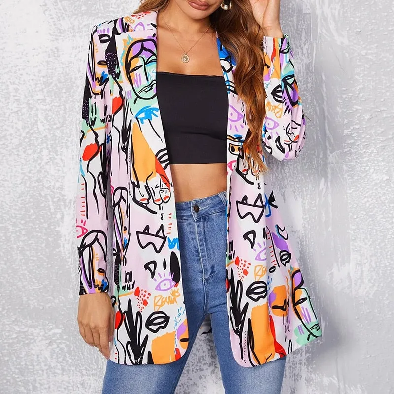 Lapel Print Long Sleeves Suit Jacket