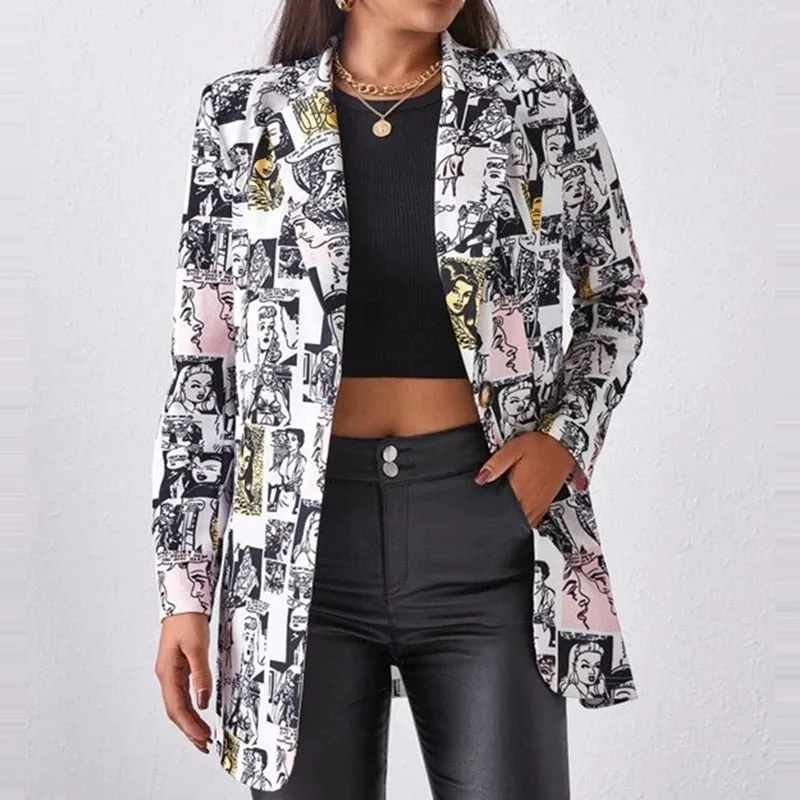 Lapel Print Long Sleeves Suit Jacket