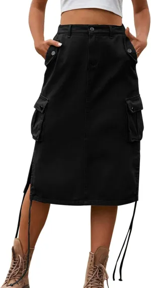 Long Skirt for Women Cargo Midi Elegant Pencil Skirt Beach Maxi Sexy Skirts Elastic Waisted Pencil Skirt Black-b