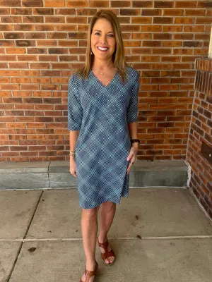 LuLu B Navy Gingham V-Neck Elbow Sleeve Dress