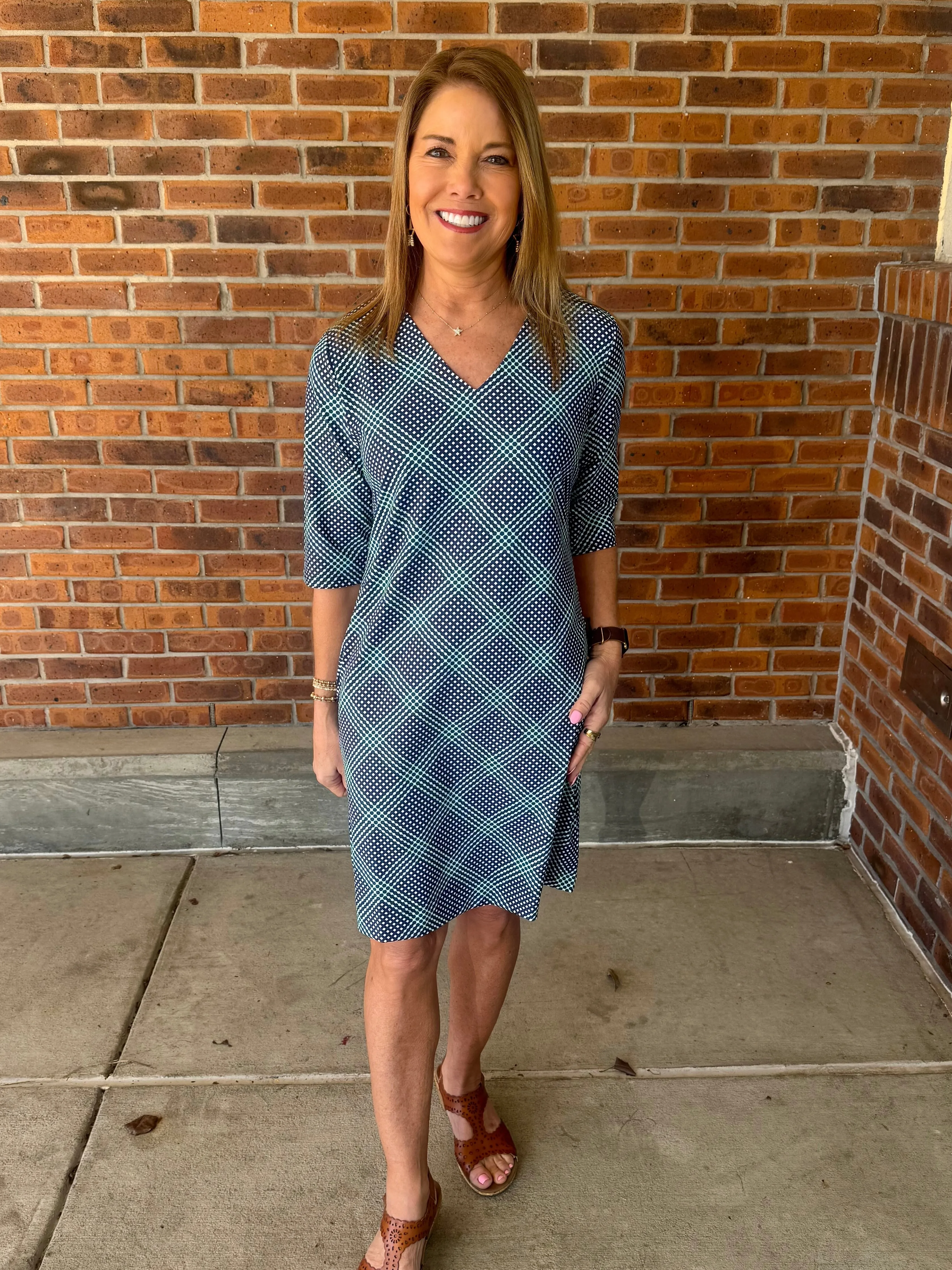 LuLu B Navy Gingham V-Neck Elbow Sleeve Dress