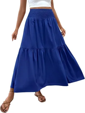 Maxi Skirt for Women Summer Casual Elastic High Waist Pleated A Line Flowy Swing Tiered Beach Vacation Skirts