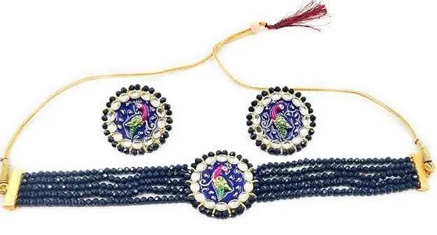 Meenakari kudan peacock chokar dark navy blue color jewel set