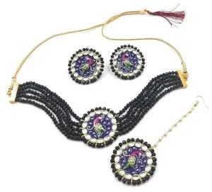 Meenakari kudan peacock chokar dark navy blue color jewel set