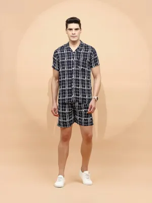 Navy Cotton Blend Regular Fit Shorts Set For Men