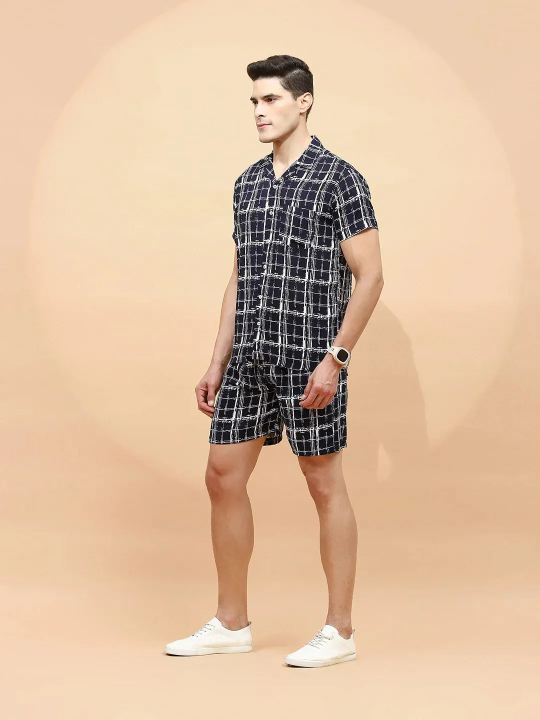 Navy Cotton Blend Regular Fit Shorts Set For Men