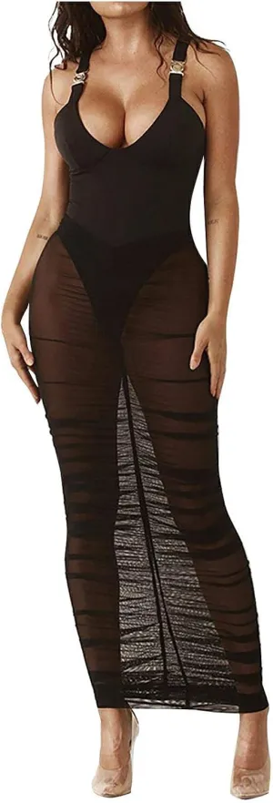 niuwa Women's See Through Long Skirt Mesh Sexy Skirts High Waist Summer Bikini Cover Up Sexy Sheer Swimwear Cover Up (Black, M)