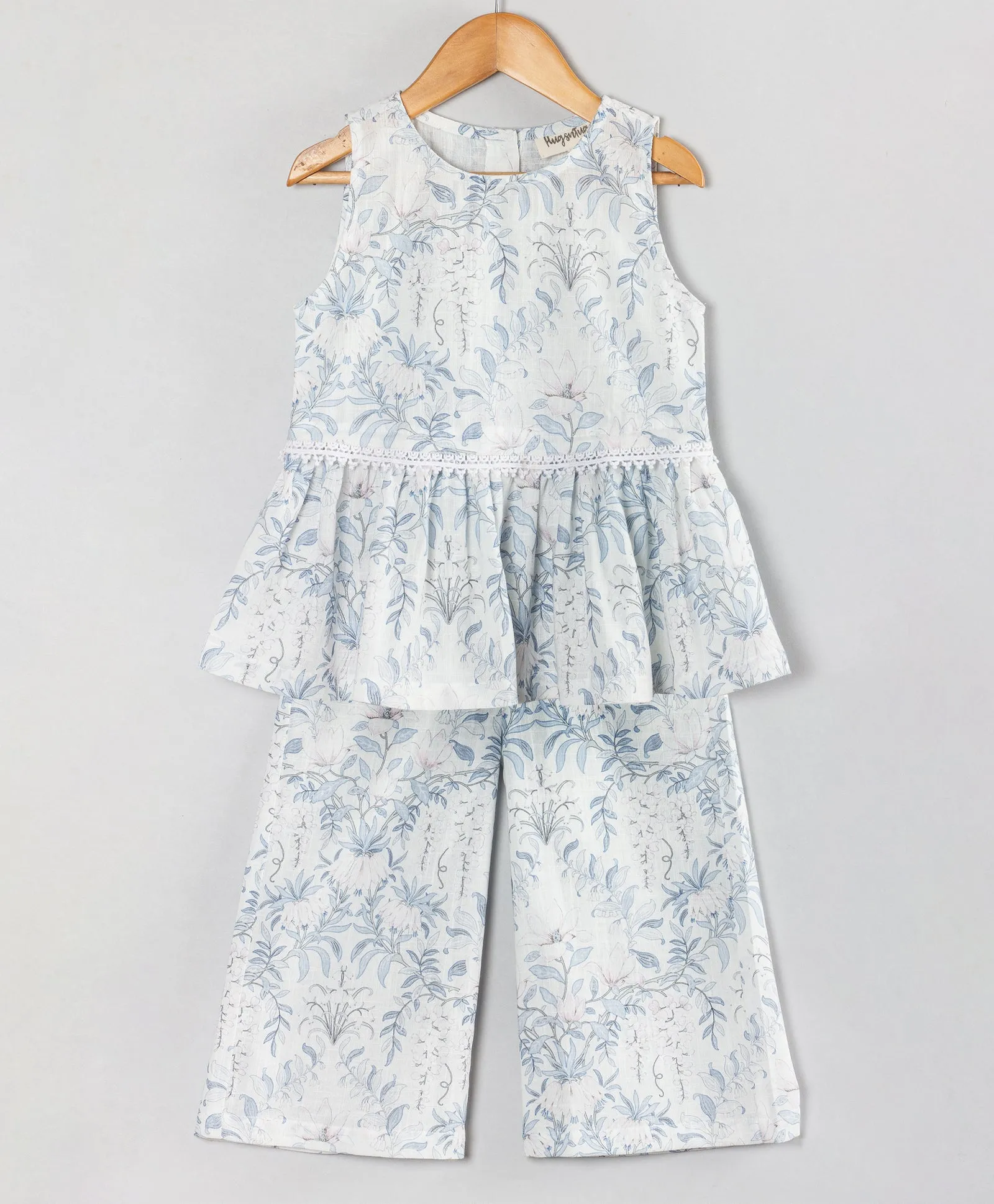 PASTEL LEAF PRINT COORD SET WITH LACE AT WAIST SEAM