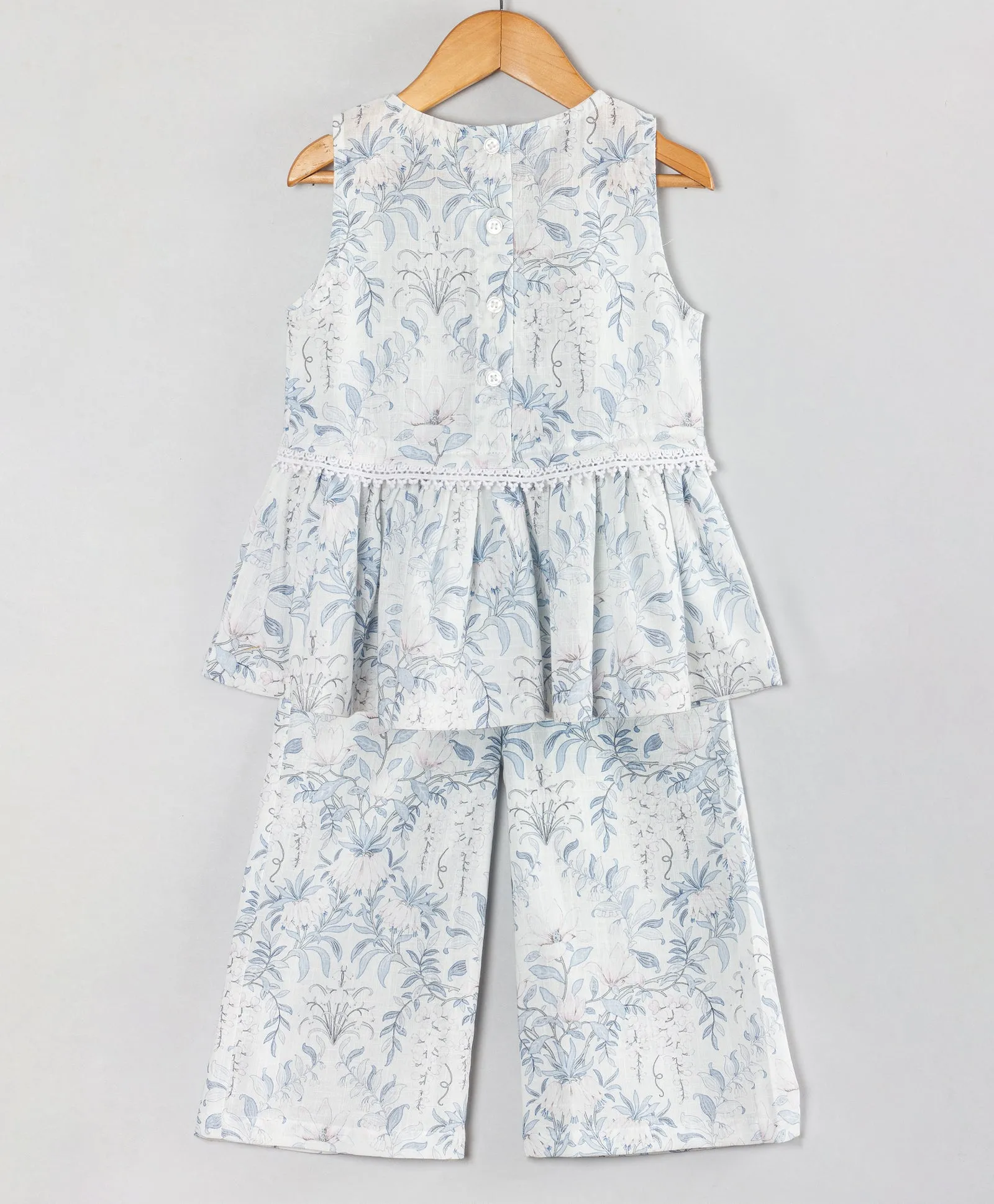 PASTEL LEAF PRINT COORD SET WITH LACE AT WAIST SEAM