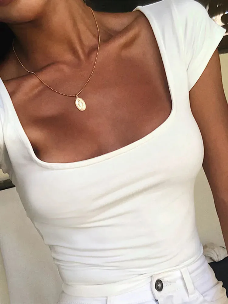 Petite Cap Square Neck Crop Short Sleeve Tee