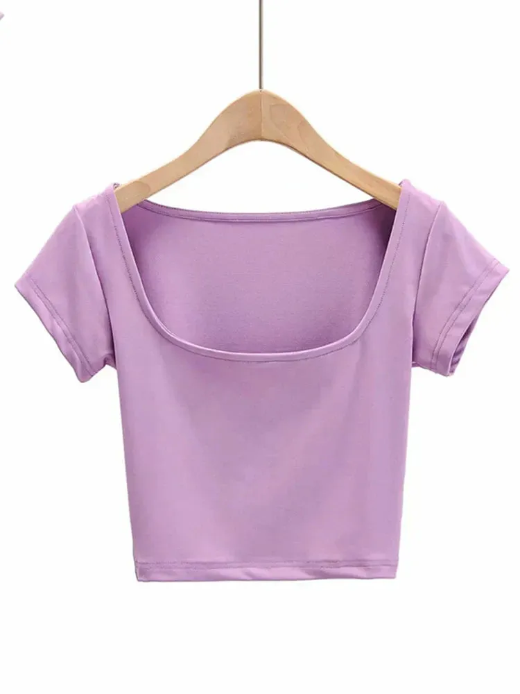 Petite Cap Square Neck Crop Short Sleeve Tee