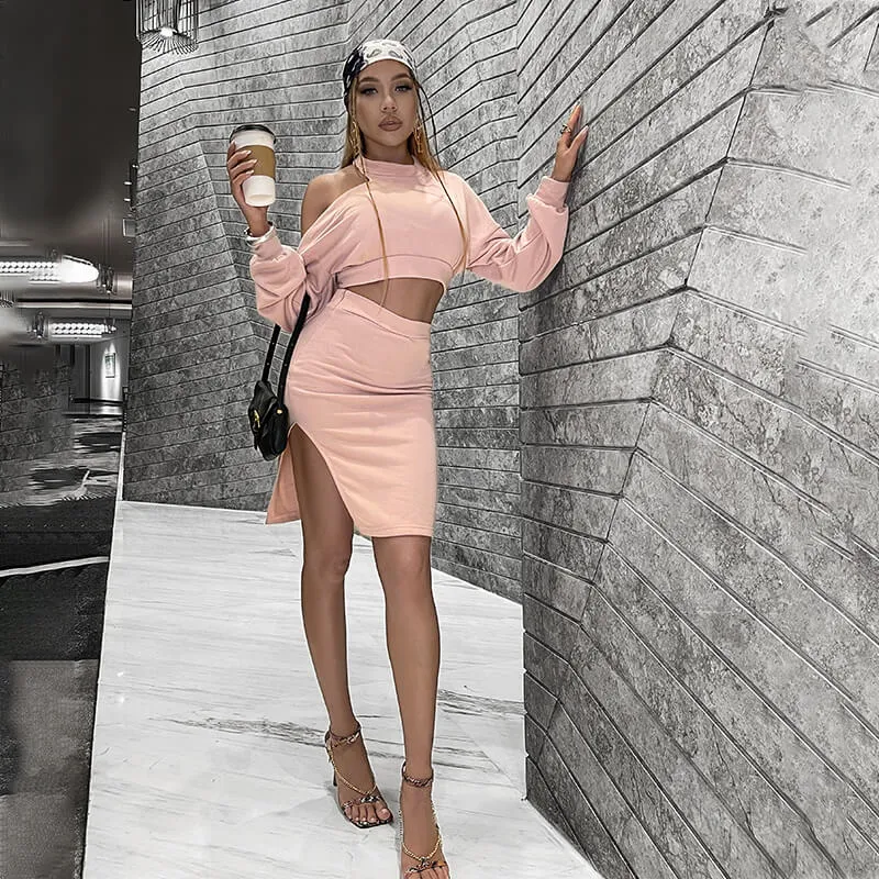 Pink 2 Piece One Shoulder Long Sleeve Split Skirt Set