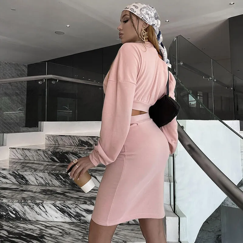 Pink 2 Piece One Shoulder Long Sleeve Split Skirt Set