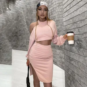 Pink 2 Piece One Shoulder Long Sleeve Split Skirt Set