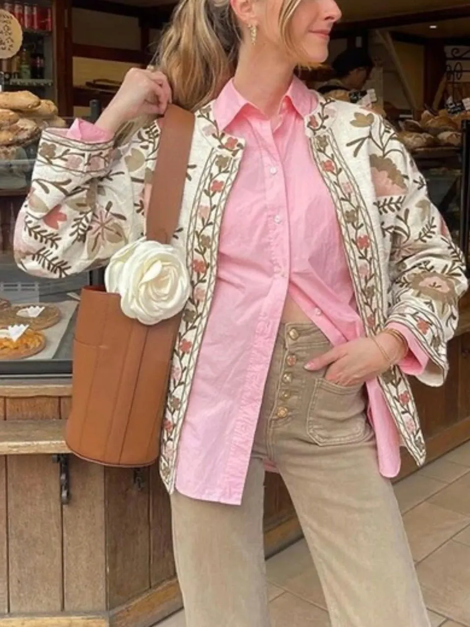 Pink floral embroidered jeans flaps jacket