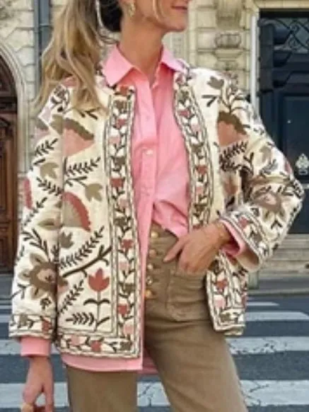 Pink floral embroidered jeans flaps jacket