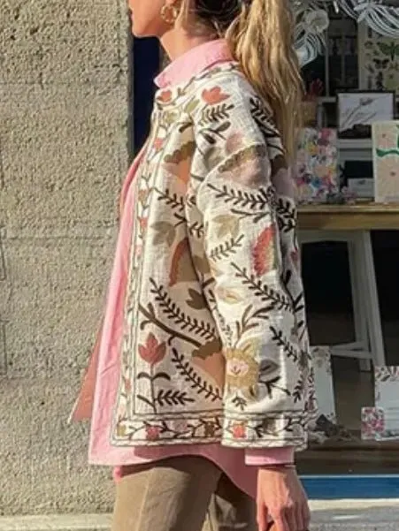 Pink floral embroidered jeans flaps jacket