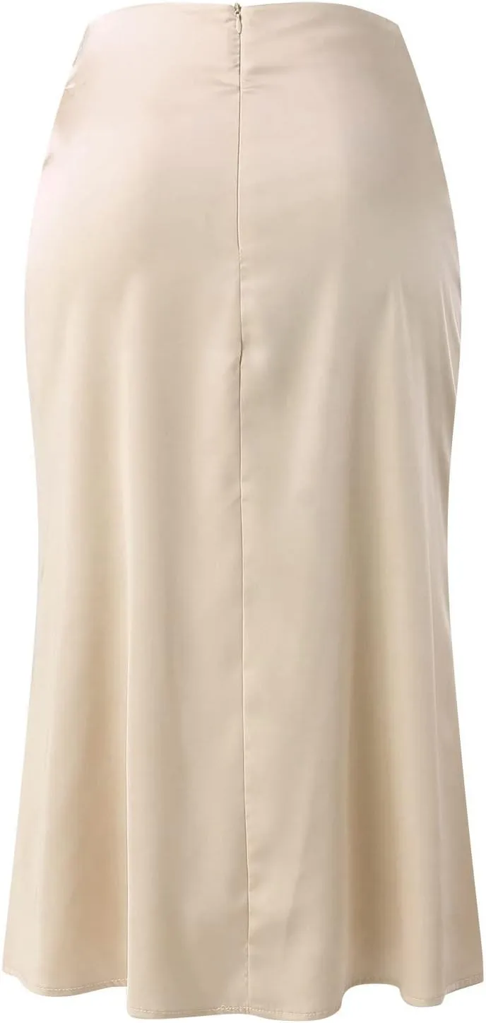 Preppy Skirts Womens High Waist Midi Skirt Solid Satin Dress Zipper Elegant Summer Skirts Cage Skirt Belt