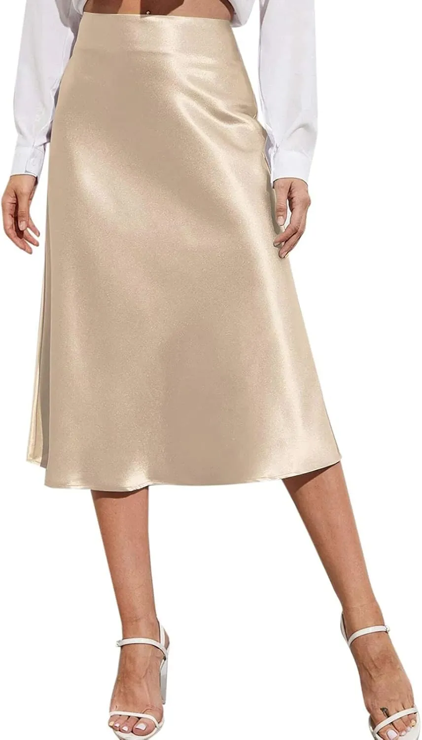 Preppy Skirts Womens High Waist Midi Skirt Solid Satin Dress Zipper Elegant Summer Skirts Cage Skirt Belt