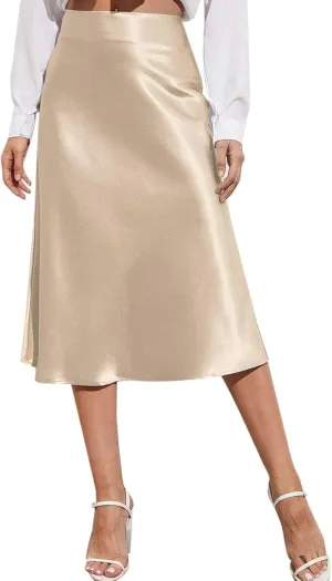 Preppy Skirts Womens High Waist Midi Skirt Solid Satin Dress Zipper Elegant Summer Skirts Cage Skirt Belt