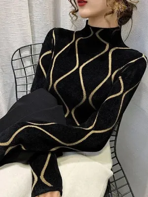 Printed Long Sleeves High-neck Sweater Tops Pullovers