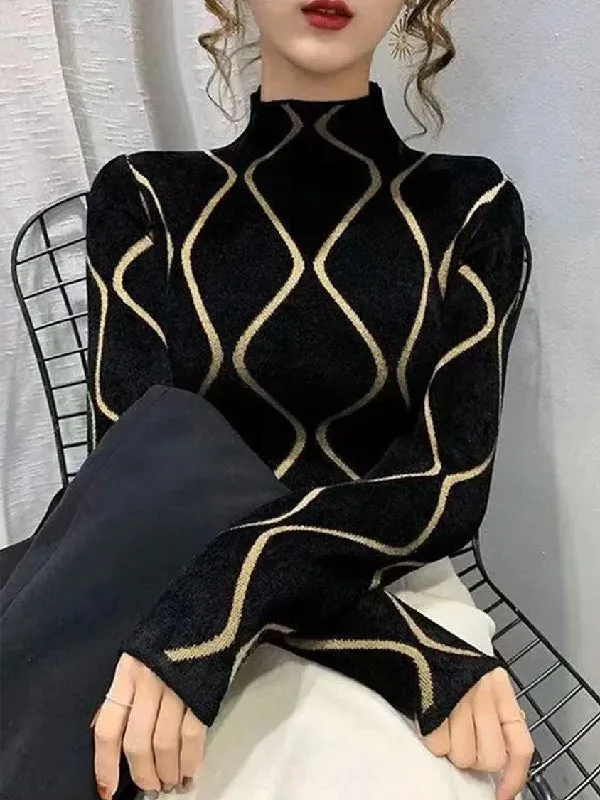 Printed Long Sleeves High-neck Sweater Tops Pullovers