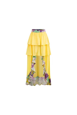 Safira Tiered Ruffle Asymmetric Flowy Skirt - Yellow Pink Garden Mosaic Print | ILC OA OG