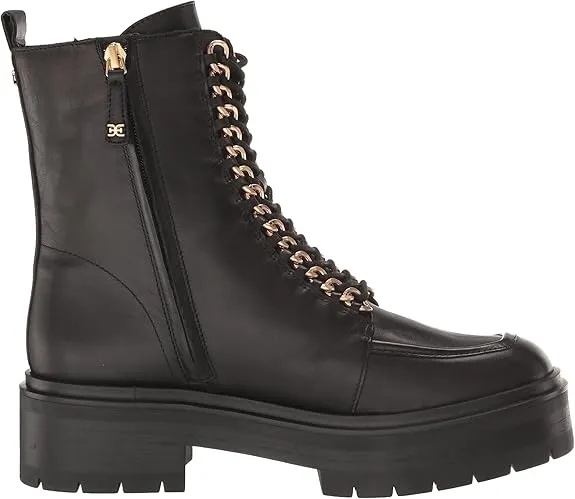 Sam Edelman Lovrin Black Leather Lace Up Rounded Toe Chunky Heeled Ankle Boots