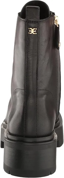 Sam Edelman Lovrin Black Leather Lace Up Rounded Toe Chunky Heeled Ankle Boots