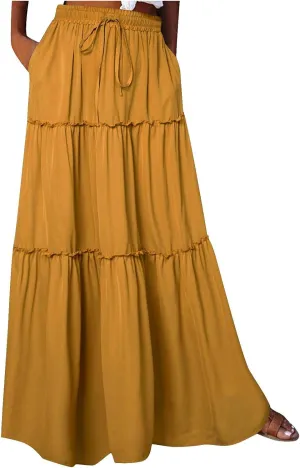 Skirts for Women Maxi Length Summer Skirts Flowy Long Skirt High Waisted Midi Skirt Tiered Beach Skirt with Pockets