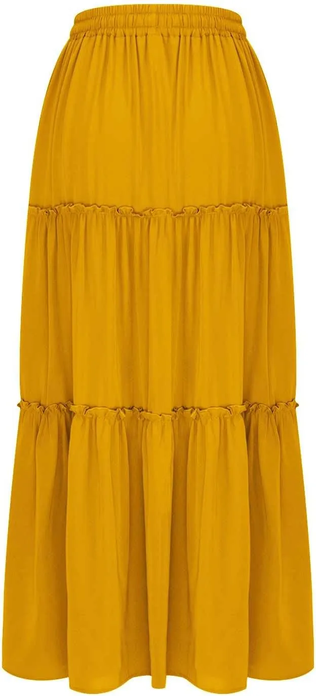 Skirts for Women Maxi Length Summer Skirts Flowy Long Skirt High Waisted Midi Skirt Tiered Beach Skirt with Pockets
