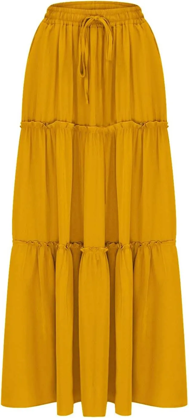 Skirts for Women Maxi Length Summer Skirts Flowy Long Skirt High Waisted Midi Skirt Tiered Beach Skirt with Pockets