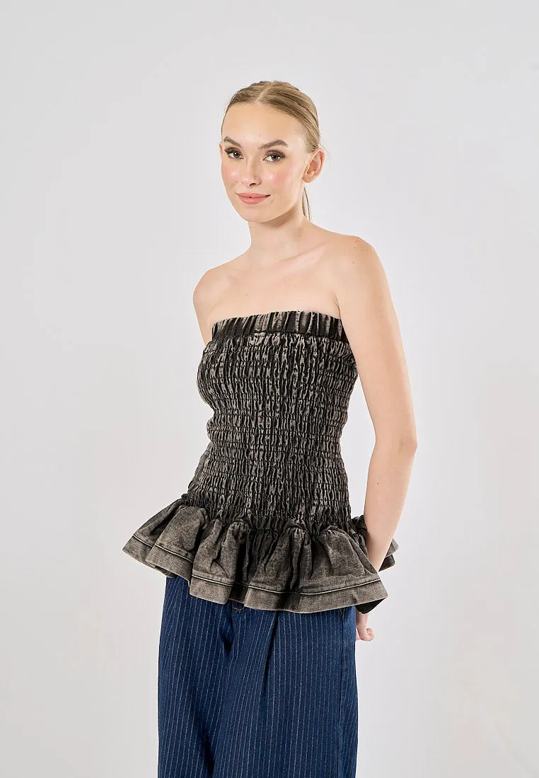 Smith Acid Black Smocked Denim Pleated Tube Top