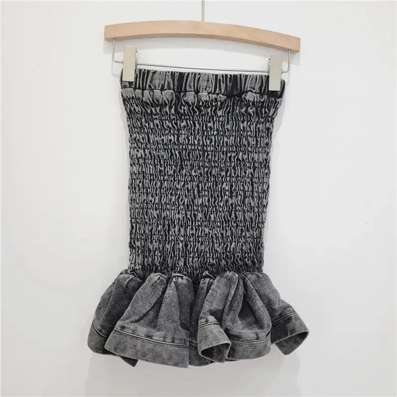 Smith Acid Black Smocked Denim Pleated Tube Top